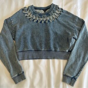 Guess Cropped Denim Style Hole Cutout Neck Long Sleeve Sweatshirt Womens Large